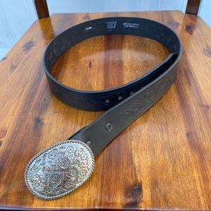 Tooled black leather belt with silver-toned buckle made in Canada